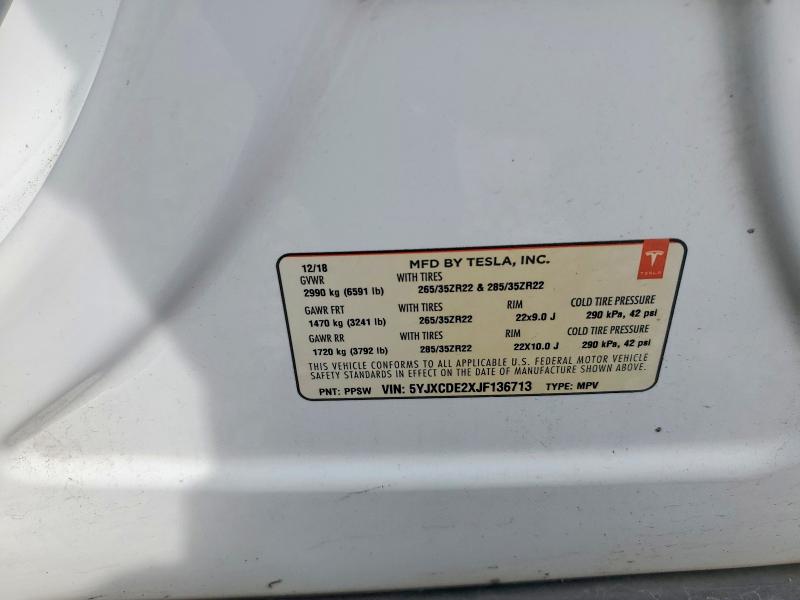2018 Tesla Model X მანქანა იყიდება აუქციონზე, vin: 5YJXCDE2XJF136713, აუქციონის ნომერი: 54175076