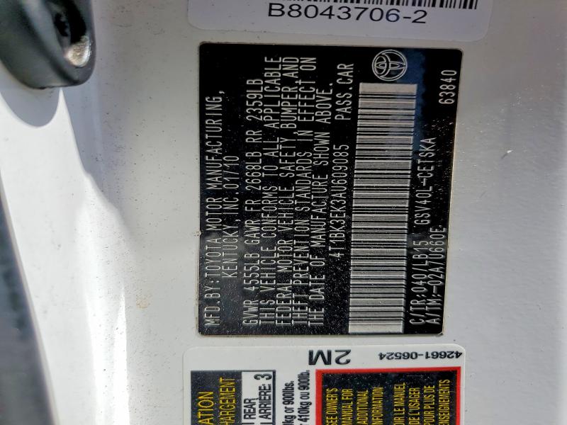 2010 Toyota Camry მანქანა იყიდება აუქციონზე, vin: 4T1BK3EK3AU609085, აუქციონის ნომერი: 53648656