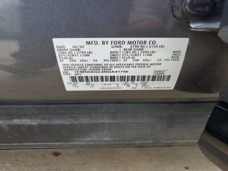 2022 Ford Explorer მანქანა იყიდება აუქციონზე, vin: 1FM5K8GC4NGA41756, აუქციონის ნომერი: 54395546