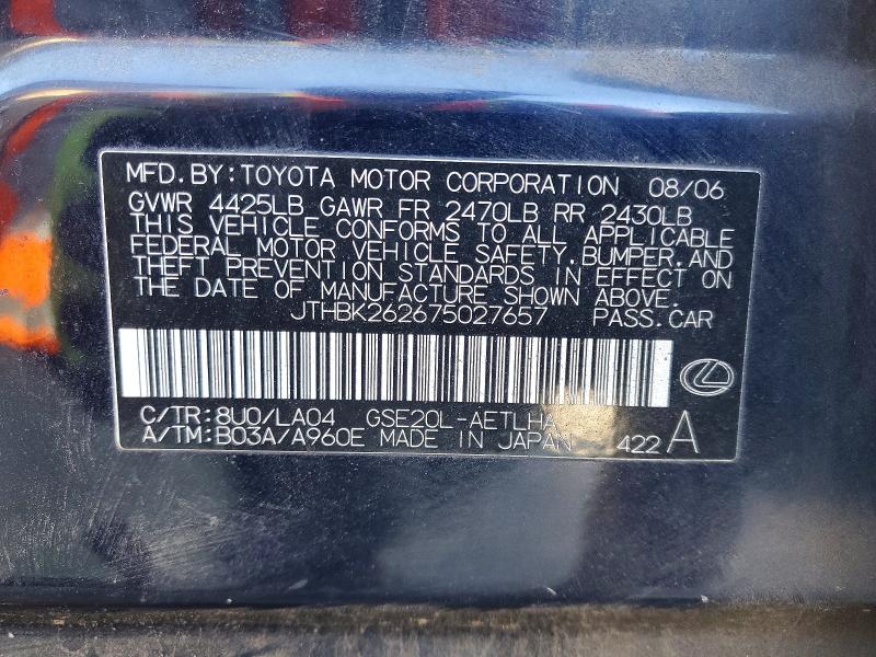 53939336 :رقم المزاد ، JTHBK262675027657 vin ، 2007 Lexus Is مزاد بيع
