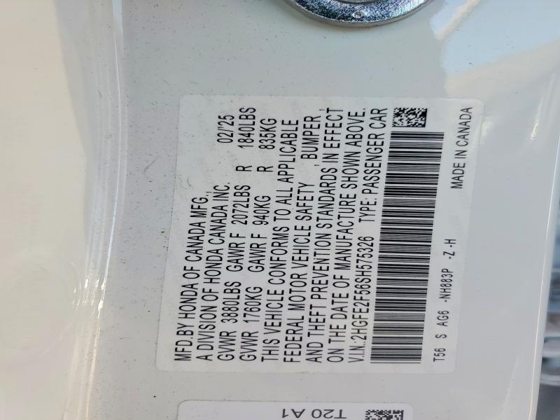 2025 Honda Civic მანქანა იყიდება აუქციონზე, vin: 2HGFE2F56SH575326, აუქციონის ნომერი: 52775986