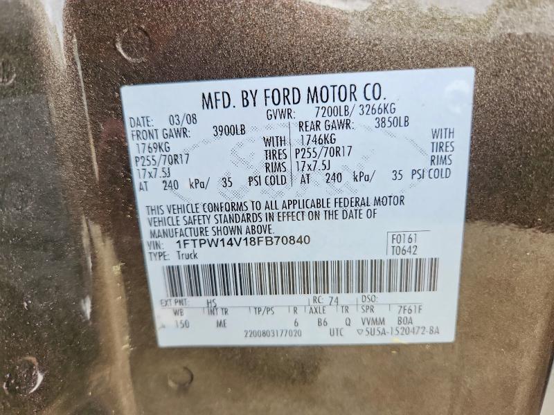 53055946 :رقم المزاد ، 1FTPW14V18FB70840 vin ، 2008 Ford F150 مزاد بيع