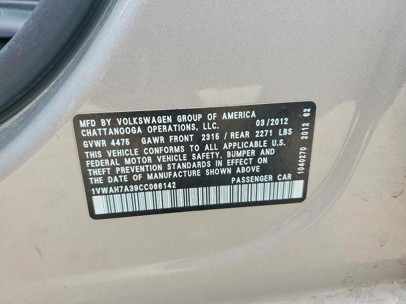 Продаж на аукціоні авто 2012 Volkswagen Passat, vin: 1VWAH7A39CC066142, номер лоту: 53969796