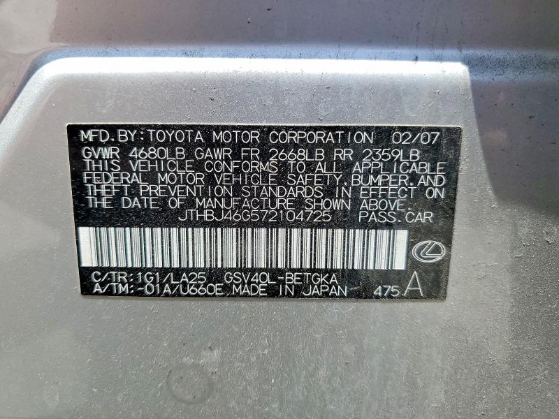 Продаж на аукціоні авто 2007 Lexus Es, vin: JTHBJ46G572104725, номер лоту: 54557856
