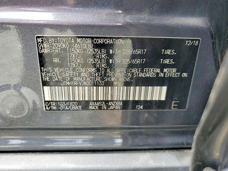 54866856 :رقم المزاد ، JTMH1RFV2KD011133 vin ، 2019 Toyota Rav4 مزاد بيع
