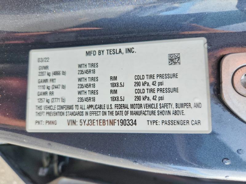 2022 Tesla Model 3 მანქანა იყიდება აუქციონზე, vin: 5YJ3E1EB1NF190334, აუქციონის ნომერი: 52164626