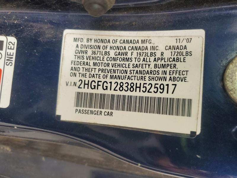51957116 :رقم المزاد ، 2HGFG12838H525917 vin ، 2008 Honda Civic مزاد بيع