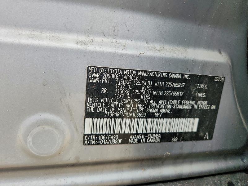 Продаж на аукціоні авто 2020 Toyota Rav4, vin: 2T3P1RFV1LW106699, номер лоту: 52805776