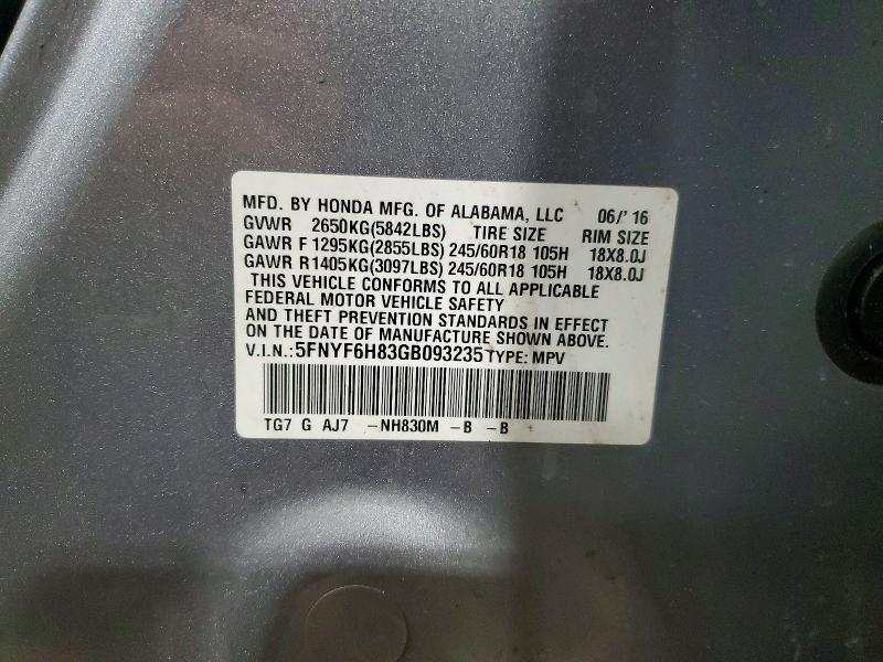 2016 Honda Pilot მანქანა იყიდება აუქციონზე, vin: 5FNYF6H83GB093235, აუქციონის ნომერი: 52340406