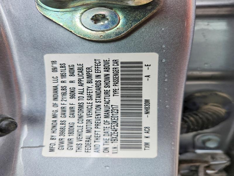 2019 Honda Insight მანქანა იყიდება აუქციონზე, vin: 19XZE4F53KE012317, აუქციონის ნომერი: 53894736