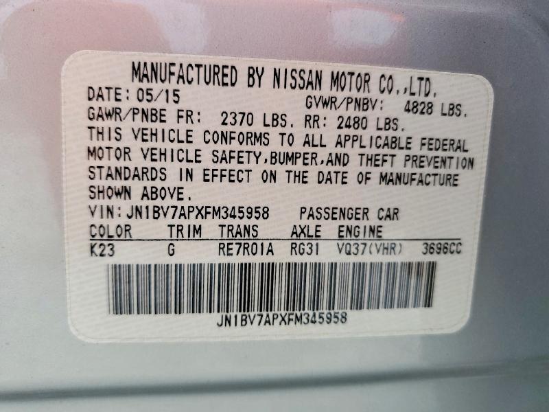 54608126 :رقم المزاد ، JN1BV7APXFM345958 vin ، 2015 Infiniti Q50 مزاد بيع