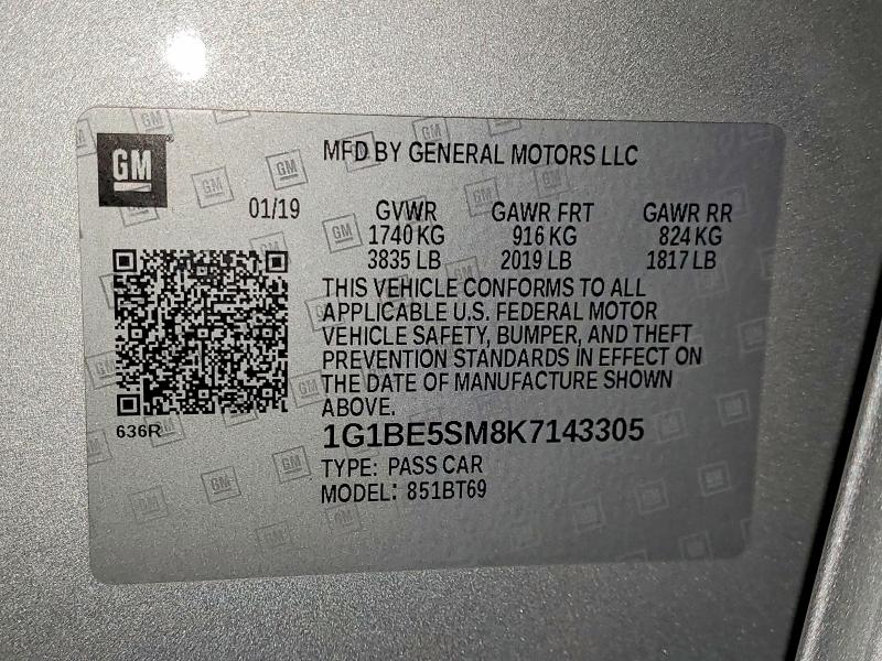 2019 Chevrolet Cruze მანქანა იყიდება აუქციონზე, vin: 1G1BE5SM8K7143305, აუქციონის ნომერი: 53011376