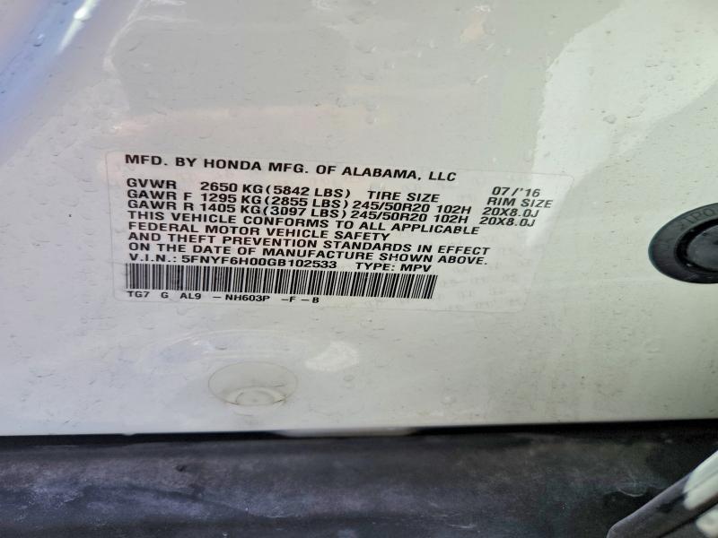Aukcja sprzedaży 2016 Honda Pilot, vin: 5FNYF6H00GB102533, numer aukcji: 54727276