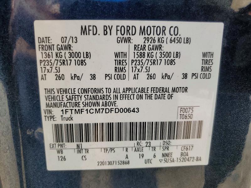 2013 Ford F150 მანქანა იყიდება აუქციონზე, vin: 1FTMF1CM7DFD00643, აუქციონის ნომერი: 52383686