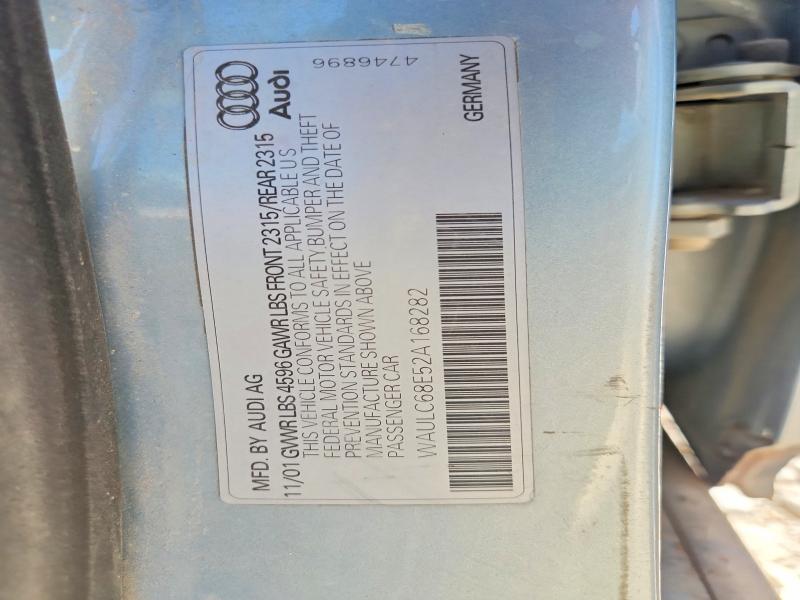 2002 Audi A4 მანქანა იყიდება აუქციონზე, vin: WAULC68E52A168282, აუქციონის ნომერი: 53772136