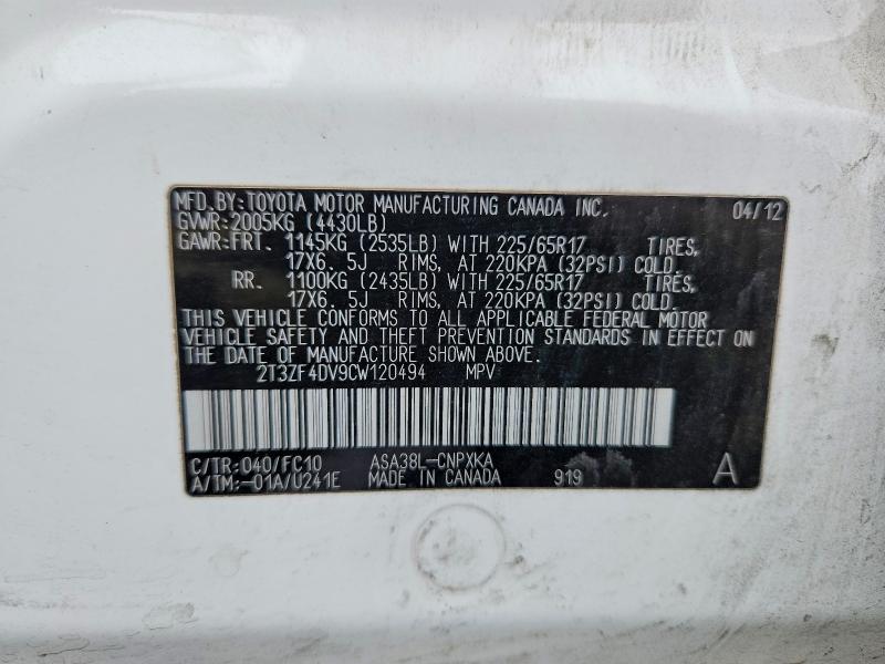 Aukcja sprzedaży 2012 Toyota Rav4, vin: 2T3ZF4DV9CW120494, numer aukcji: 54559946