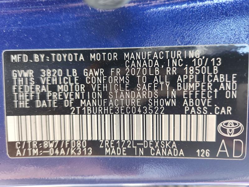 Продаж на аукціоні авто 2014 Toyota Corolla, vin: 2T1BURHE3EC043522, номер лоту: 54242276