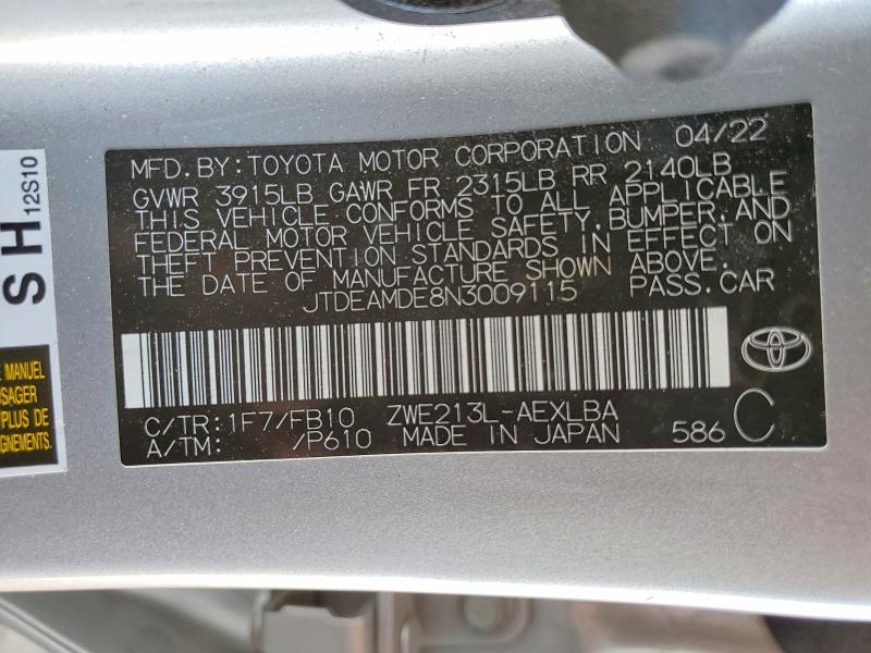 Продажа на аукционе авто 2022 Toyota Corolla, vin: JTDEAMDE8N3009115, номер лота: 53067526