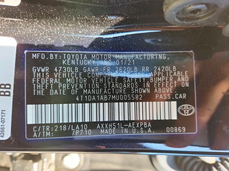 53757596 :رقم المزاد ، 4T1DA1AB7MU005582 vin ، 2021 Toyota Avalon مزاد بيع