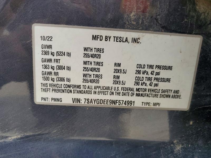 52530686 :رقم المزاد ، 7SAYGDEE9NF574991 vin ، 2022 Tesla Model Y مزاد بيع