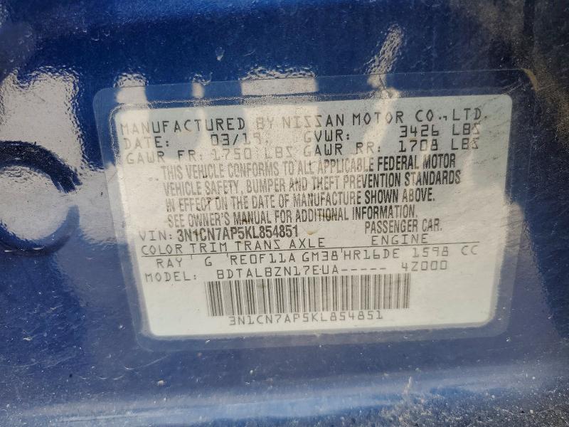 53814706 :رقم المزاد ، 3N1CN7AP5KL854851 vin ، 2019 Nissan Versa مزاد بيع