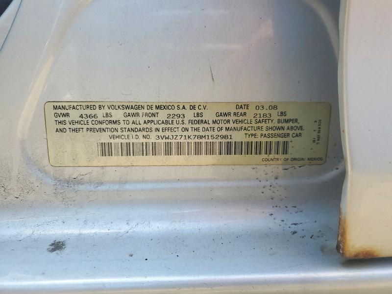 Aukcja sprzedaży 2008 Volkswagen Jetta, vin: 3VWJZ71K78M152981, numer aukcji: 54352016
