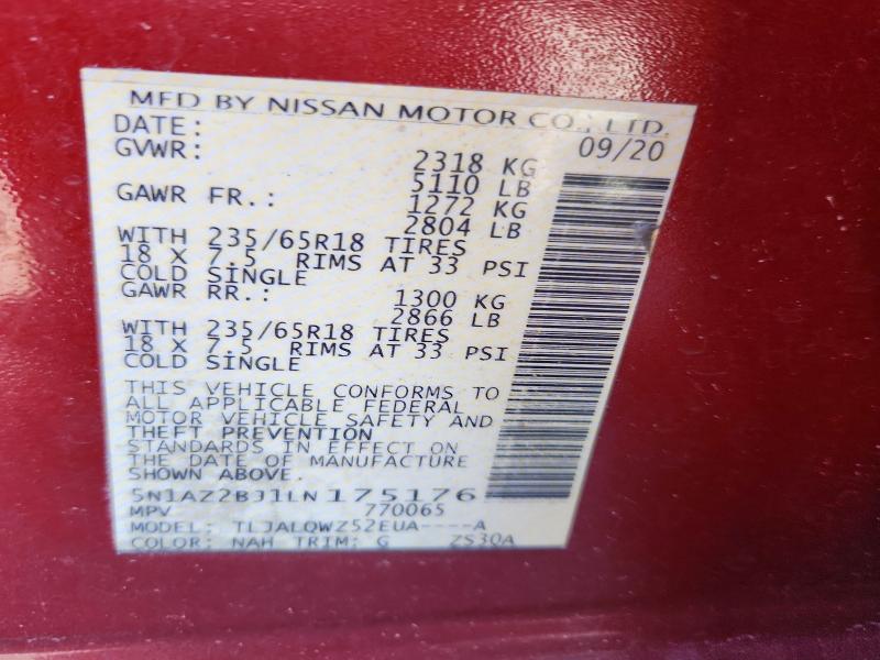 Aukcja sprzedaży 2020 Nissan Murano, vin: 5N1AZ2BJ1LN175176, numer aukcji: 54012906