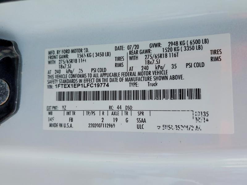 2020 Ford F150 მანქანა იყიდება აუქციონზე, vin: 1FTEX1EP1LFC19774, აუქციონის ნომერი: 53313426