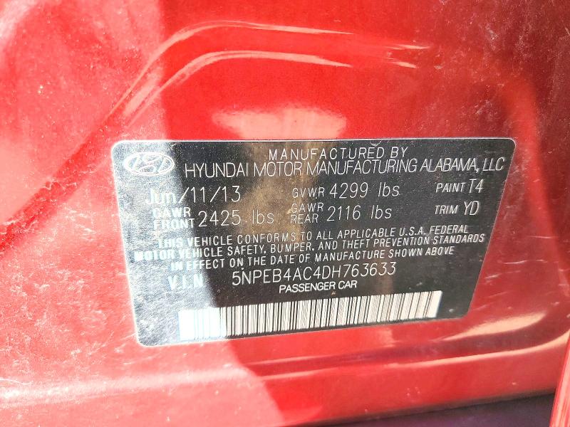 2013 Hyundai Sonata მანქანა იყიდება აუქციონზე, vin: 5NPEB4AC4DH763633, აუქციონის ნომერი: 53119186