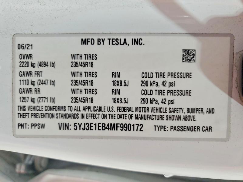 Продажа на аукционе авто 2021 Tesla Model 3, vin: 5YJ3E1EB4MF990172, номер лота: 54980406