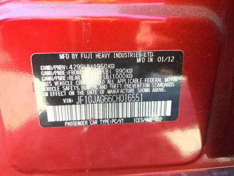 52779946 :رقم المزاد ، JF1GJAG66CH016551 vin ، 2012 Subaru Impreza مزاد بيع