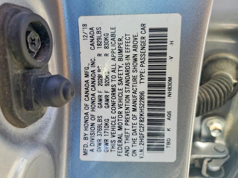 Aukcja sprzedaży 2019 Honda Civic, vin: 2HGFC2F82KH522896, numer aukcji: 54151576