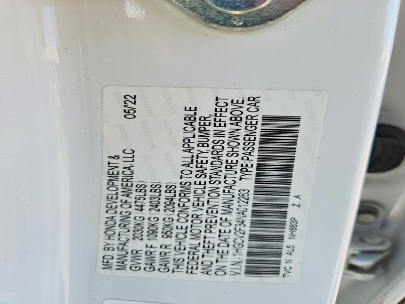 2022 Honda Accord მანქანა იყიდება აუქციონზე, vin: 1HGCV2F34NA012263, აუქციონის ნომერი: 52194756