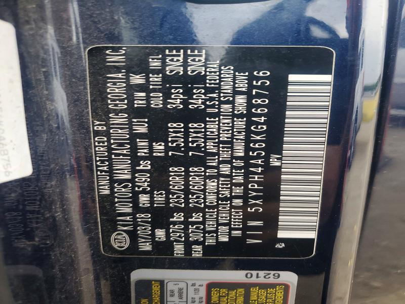 2019 Kia Sorento მანქანა იყიდება აუქციონზე, vin: 5XYPH4A56KG468756, აუქციონის ნომერი: 52270596