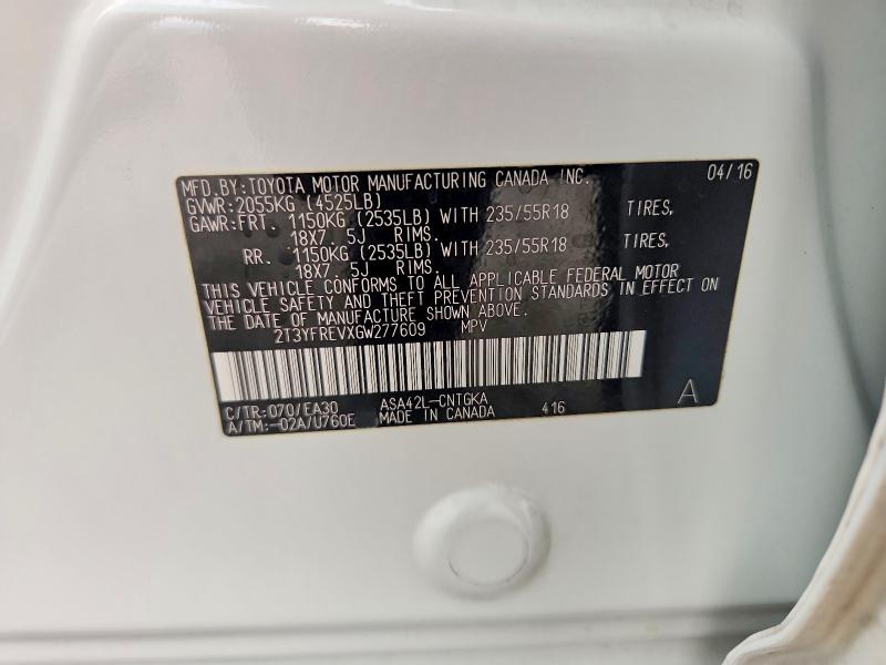 54551486 :رقم المزاد ، 2T3YFREVXGW277609 vin ، 2016 Toyota Rav4 مزاد بيع