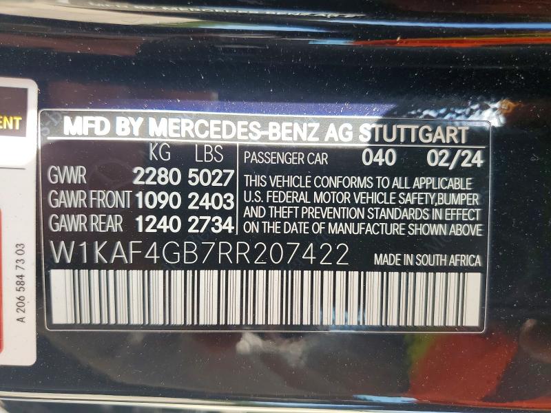 Продаж на аукціоні авто 2024 Mercedes-benz C, vin: W1KAF4GB7RR207422, номер лоту: 54528406