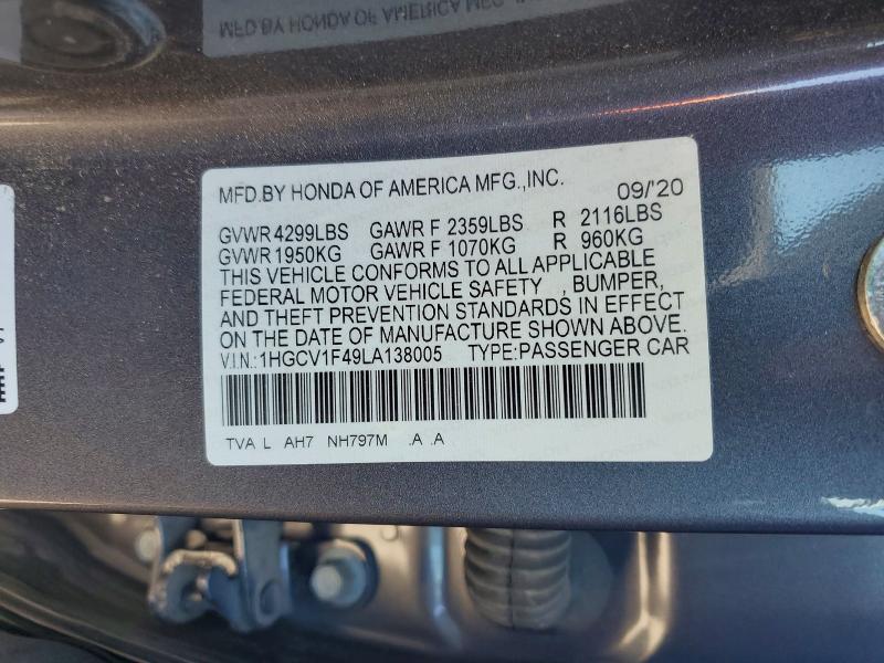 Aukcja sprzedaży 2020 Honda Accord, vin: 1HGCV1F49LA138005, numer aukcji: 53917346