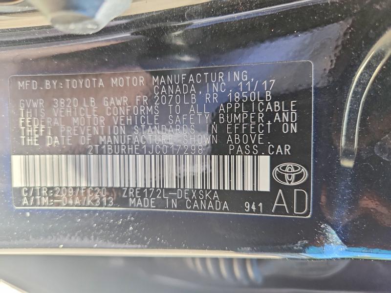 2018 Toyota Corolla მანქანა იყიდება აუქციონზე, vin: 2T1BURHE1JC017298, აუქციონის ნომერი: 49990236