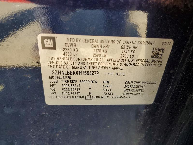 53781816 :رقم المزاد ، 2GNALBEKXH1583279 vin ، 2017 Chevrolet Equinox مزاد بيع