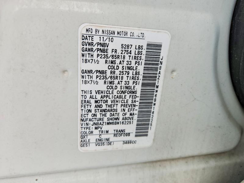 2011 Nissan Murano მანქანა იყიდება აუქციონზე, vin: JN8AZ1MW6BW162251, აუქციონის ნომერი: 54676156