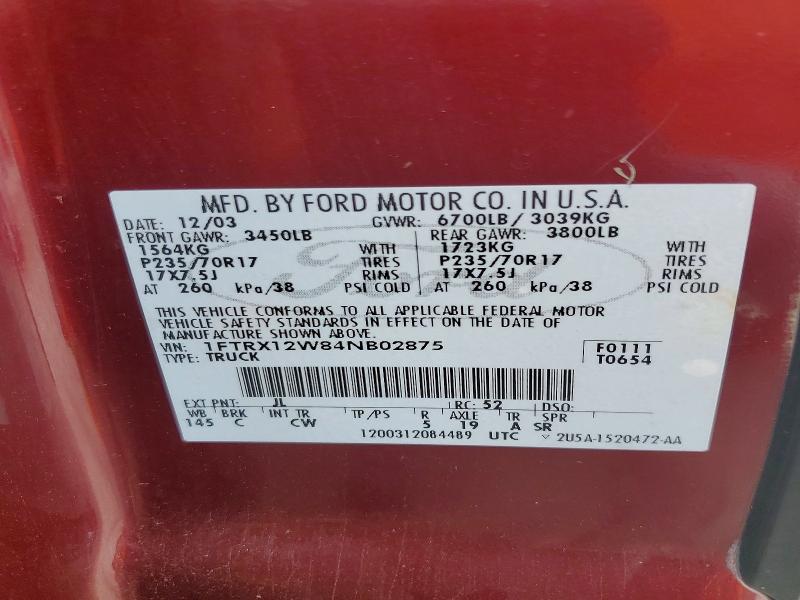 2004 Ford F150 მანქანა იყიდება აუქციონზე, vin: 1FTRX12W84NB02875, აუქციონის ნომერი: 55455756