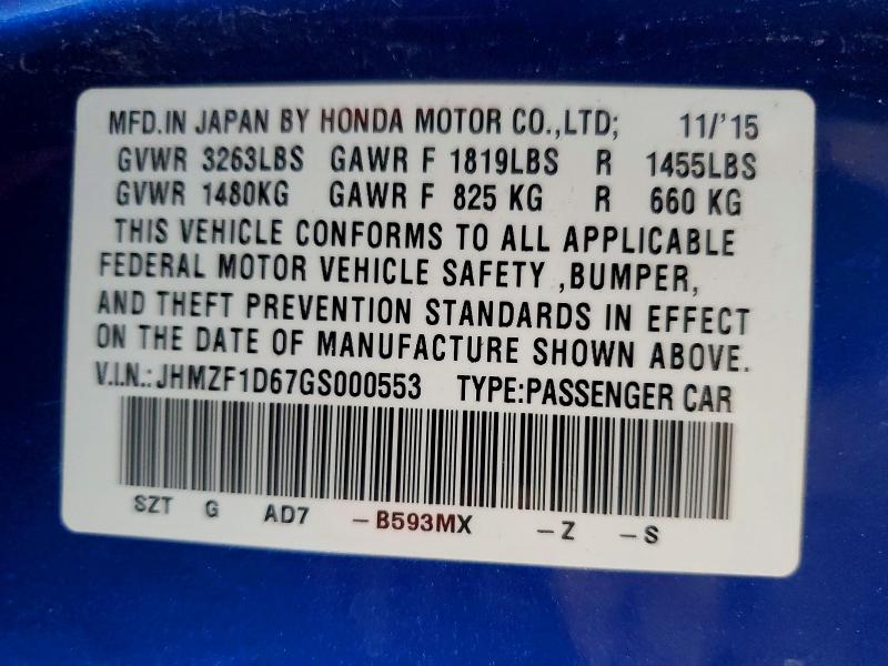 Продаж на аукціоні авто 2016 Honda Cr-z, vin: JHMZF1D67GS000553, номер лоту: 53586756