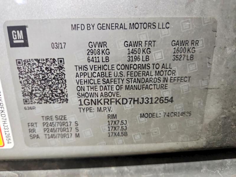 Aukcja sprzedaży 2017 Chevrolet Traverse, vin: 1GNKRFKD7HJ312654, numer aukcji: 55178966