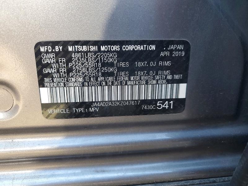 Продаж на аукціоні авто 2019 Mitsubishi Outlander, vin: JA4AD2A32KZ047617, номер лоту: 54044596