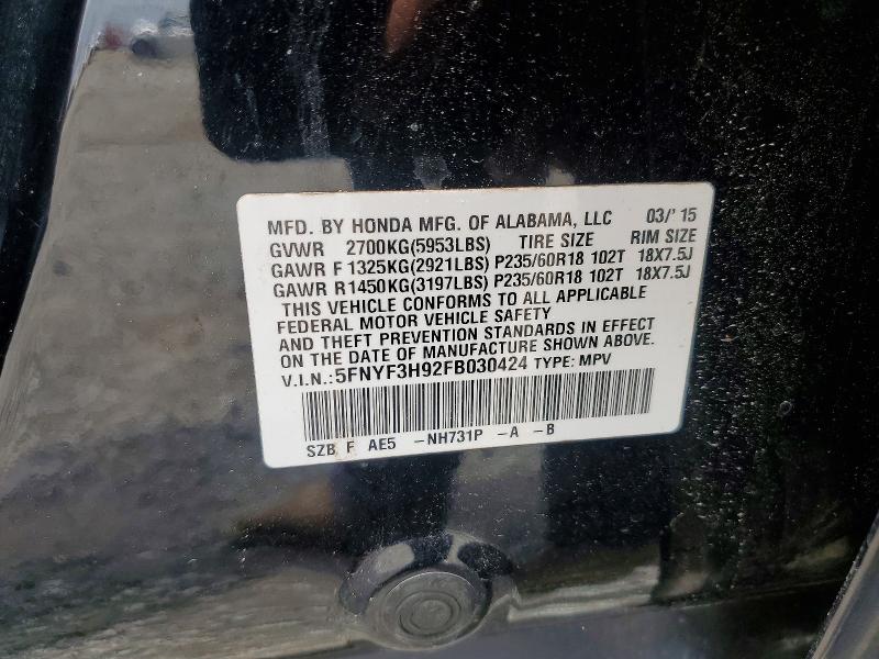 Продажа на аукционе авто 2015 Honda Pilot, vin: 5FNYF3H92FB030424, номер лота: 52591016