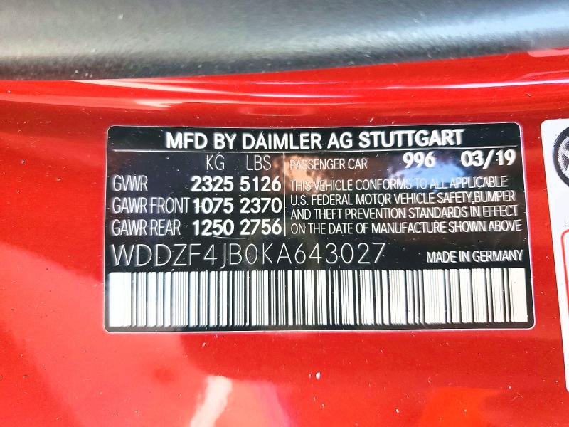 46780576 :رقم المزاد ، WDDZF4JB0KA643027 vin ، 2019 Mercedes-benz E مزاد بيع