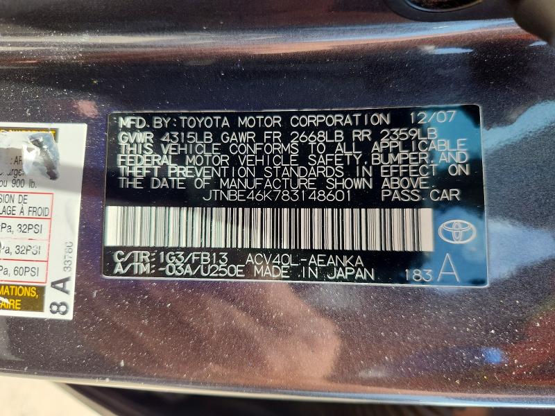 Продажа на аукционе авто 2008 Toyota Camry, vin: JTNBE46K783148601, номер лота: 54537626