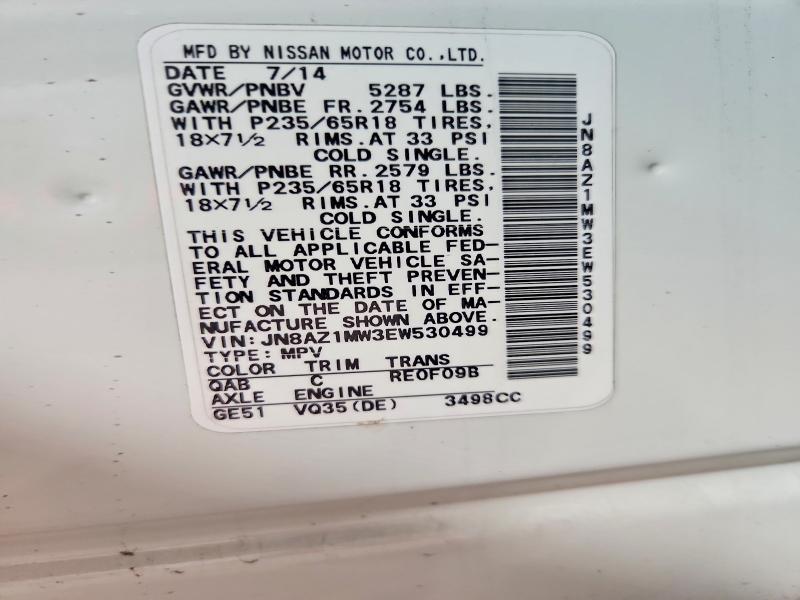 2014 Nissan Murano მანქანა იყიდება აუქციონზე, vin: JN8AZ1MW3EW530499, აუქციონის ნომერი: 55440276