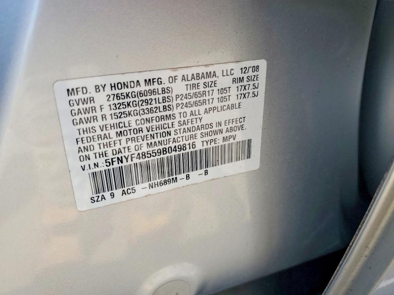 53809626 :رقم المزاد ، 5FNYF48559B049816 vin ، 2009 Honda Pilot مزاد بيع