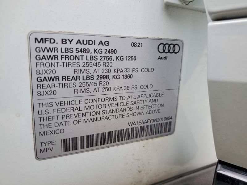 53314956 :رقم المزاد ، WA1EAAFY3N2010694 vin ، 2022 Audi Q5 مزاد بيع